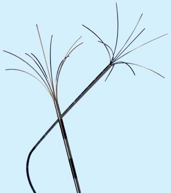 Figure 2-11, AngioDynamics StarBurst XL and Semi-Flex 14-gauge probes with nine deployable curved prongs oriented forward from the main needle shaft, capable of ablations from 3 to 5 cm.