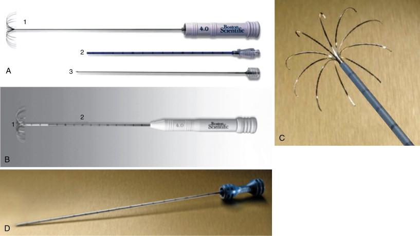 Figure 2-4, (A) 1. LeVeen CoAccess electrode with umbrella-shaped prongs. Introducer set consists of insulated cannula (2) and Stylet with Trocar tip (3). (B) 1. LeVeen Needle electrode. 2. Cannula marked at 1-cm intervals. (C) LeVeen device: 1 cm tine spacing is designed to facilitate the creation of a spherical thermal ablation zone. (D) Soloist straight-tip single-needle electrode (16.5-gauge) is useful for treating small tumors and can avoid any significant collateral damage.