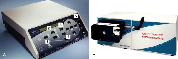 Figure 2-10, (A) AngioDynamics 500X RF generator: 1. Set temperature (°C). 2. Set power (W). 3. Delivered power (W). 4. RF time (minutes). 5. Device temperatures (°C) displaying the temperature readings of the probe thermocouples. (B) IntelliFlow saline peristaltic infusion pump without tubing set.