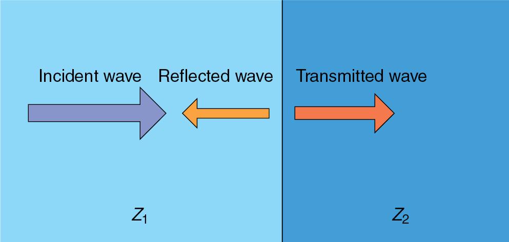 • Fig. 1.2, Reflection of an ultrasound wave at normal incidence to an interface between two media with different acoustic impedances (Z).