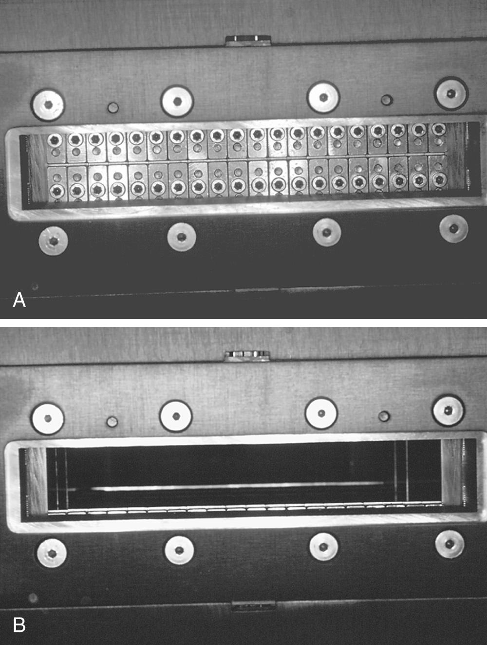 Fig. 93.9, (A) Multileaf intensity-modulating collimator showing two rows of tungsten leaves in their closed positions. (B) The tungsten leaves in their opened positions.