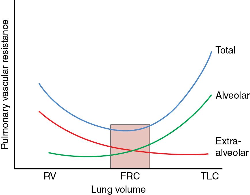 Fig. 9.2, Schematic representation of the relationship between lung volume and pulmonary vascular resistance.