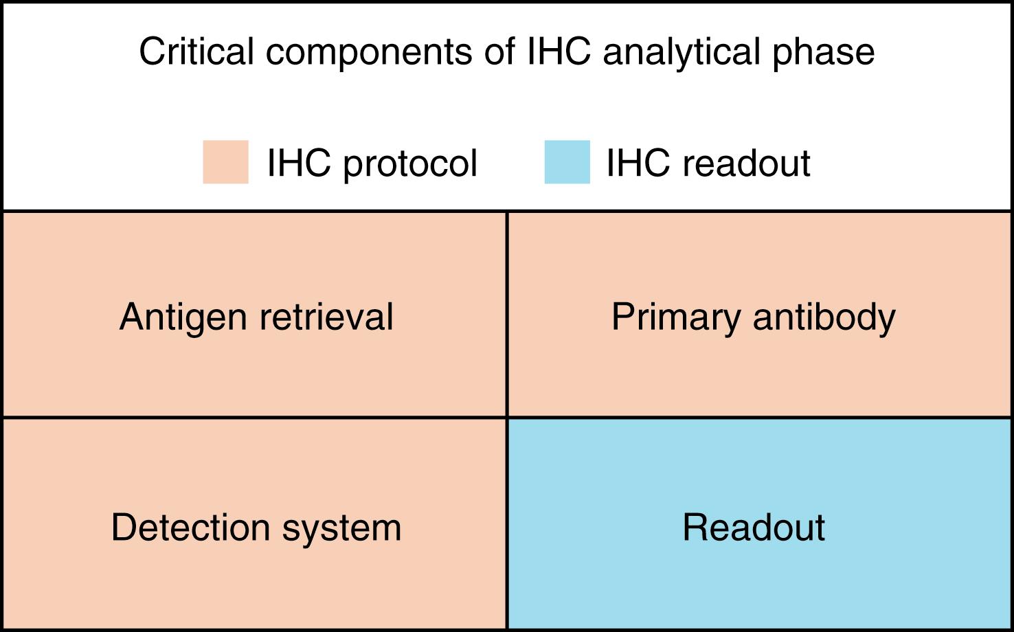 Fig. 2.1, The four critical components of the analytical phase of immunohistochemistry (IHC) testing are depicted. Antigen retrieval, primary antibody, and detection/visualization are critical components of the IHC protocol. The results of IHC testing are generated by the pathologist’s readout +/− image analysis (IA). In almost all other testing methodologies the readout is automated and is not separately addressed as a QA matter; however, it is essential to include it for IHC because the results of IHC testing are not stained slides, but rather the pathologist’s readout (+/− IA).