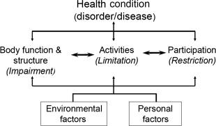 Figure 53.1, International Classification of Functioning, Disability and Health (ICF) framework for interaction of concepts. WHO 2001.18.