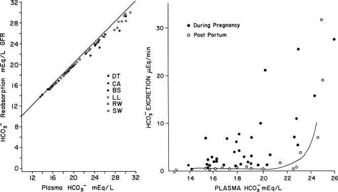 Figure 81.9, Left: Bicarbonate titration curves in six third-trimester women during slow infusion of 5% NaHCO 3 solution. The infusion inadvertently ran faster for a period of 30 min in 1 subject (BS), the only volunteer who displayed a wide splay. Right : Bicarbonate excretion as a function of plasma HCO 3 levels in pregnant women (filled circles) and two subjects restudied after delivery (open circles). THCO 3 is lower in the pregnant women (mean 18.9 mEq/L), but even when surpassed, the bicarbonaturia is still trivial.