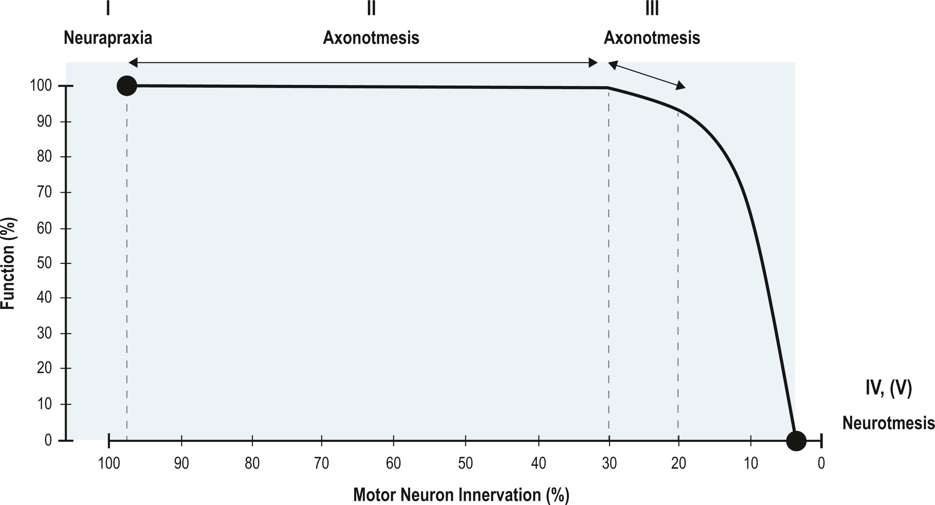 Figure 21.1, Relationship between muscle function, percentage of intact motor neurons and its correspondence to the Sunderland and Seddon classifications of nerve injury.