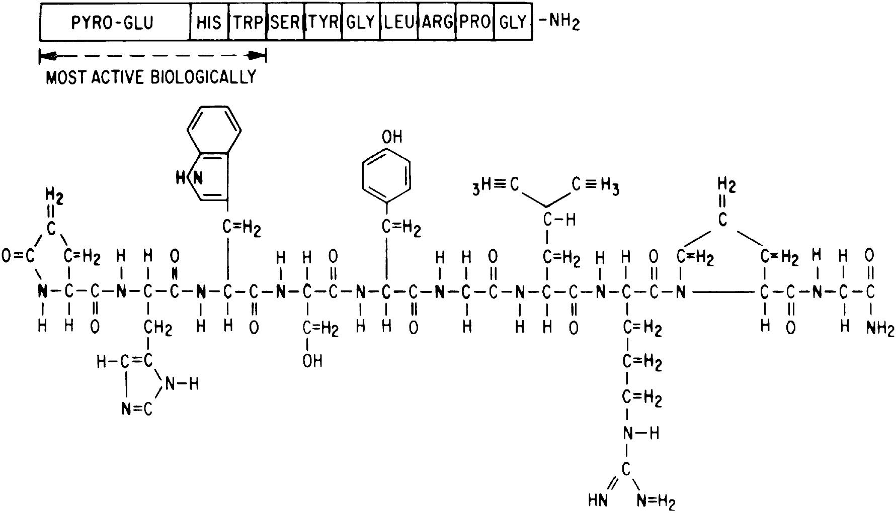 Fig. 4.1, The 10-amino acid sequence of gonadotropin-releasing hormone (GnRH).
