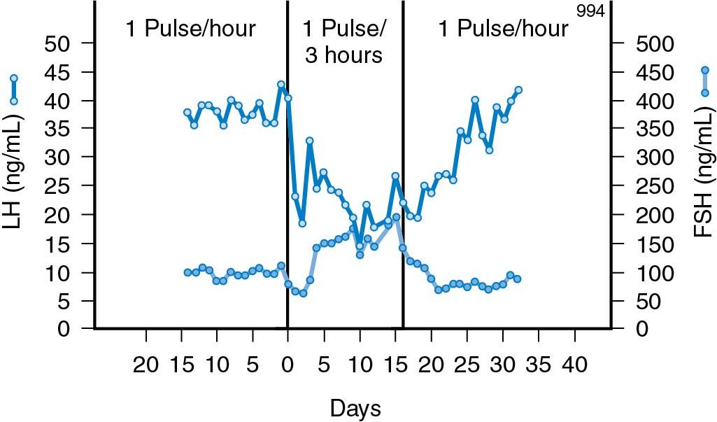 Fig. 4.6, Increase in the FSH/LH ratio after a decrease in the gonadotropin-releasing hormone (GnRH) pulse frequency (from 1 pulse/hour; left and right panels ) to 1 pulse/3 hour (center panel). Experiment was performed in a monkey lacking endogenous GnRH and infused with GnRH. FSH, Follicle-stimulating hormone; LH, luteinizing hormone.