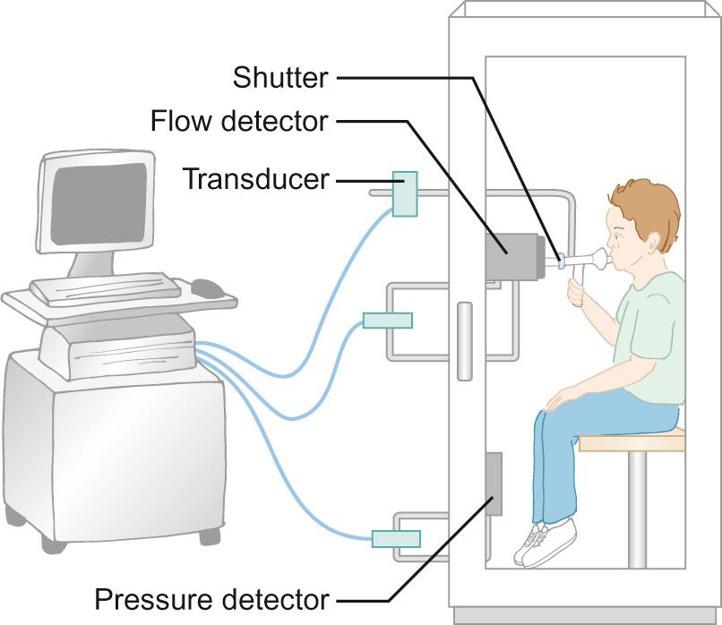 Fig. 17.11, A patient using a whole body plethysmograph. The child sits within a sealed rigid transparent box and breathes through a mouthpiece, which contains a shutter and pressure transducer. Asking the child to breathe (pant) against a closed shutter at the end of a normal tidal breath allows measurement of alveolar pressure. The small pressure changes produced by compression of the trapped air by respiratory muscles can be converted to changes in lung volume and FRC can be calculated by comparison with the effect on a known volume of air within a calibration device. Body plethysmography can measure the total volume of air in the chest, including gas trapped in bullae and it can be performed quickly. Drawbacks include the complexity of the equipment as well as the need for the patient to sit in a small enclosed space.