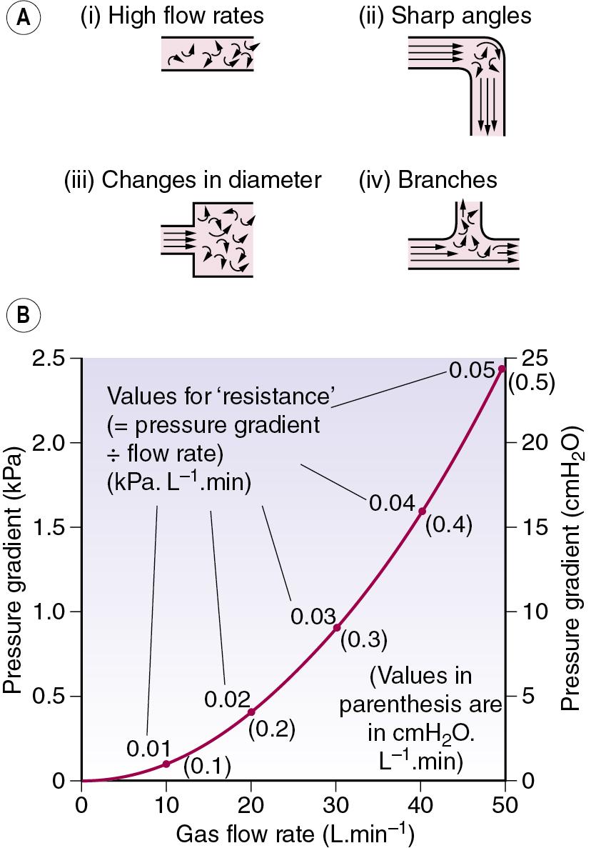 • Fig. 3.3, Turbulent flow. (A) Four circumstances under which gas flow tends to be turbulent. (B) The square law relationship between gas flow rate and pressure gradient when flow is turbulent. Note that the value for ‘resistance,’ calculated as for laminar flow, is quite meaningless during turbulent flow.