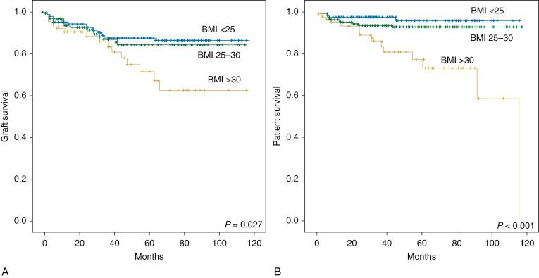Fig. 39.4, Graft and patient survival after renal transplantation stratified by recipient body mass index at the time of transplantation.