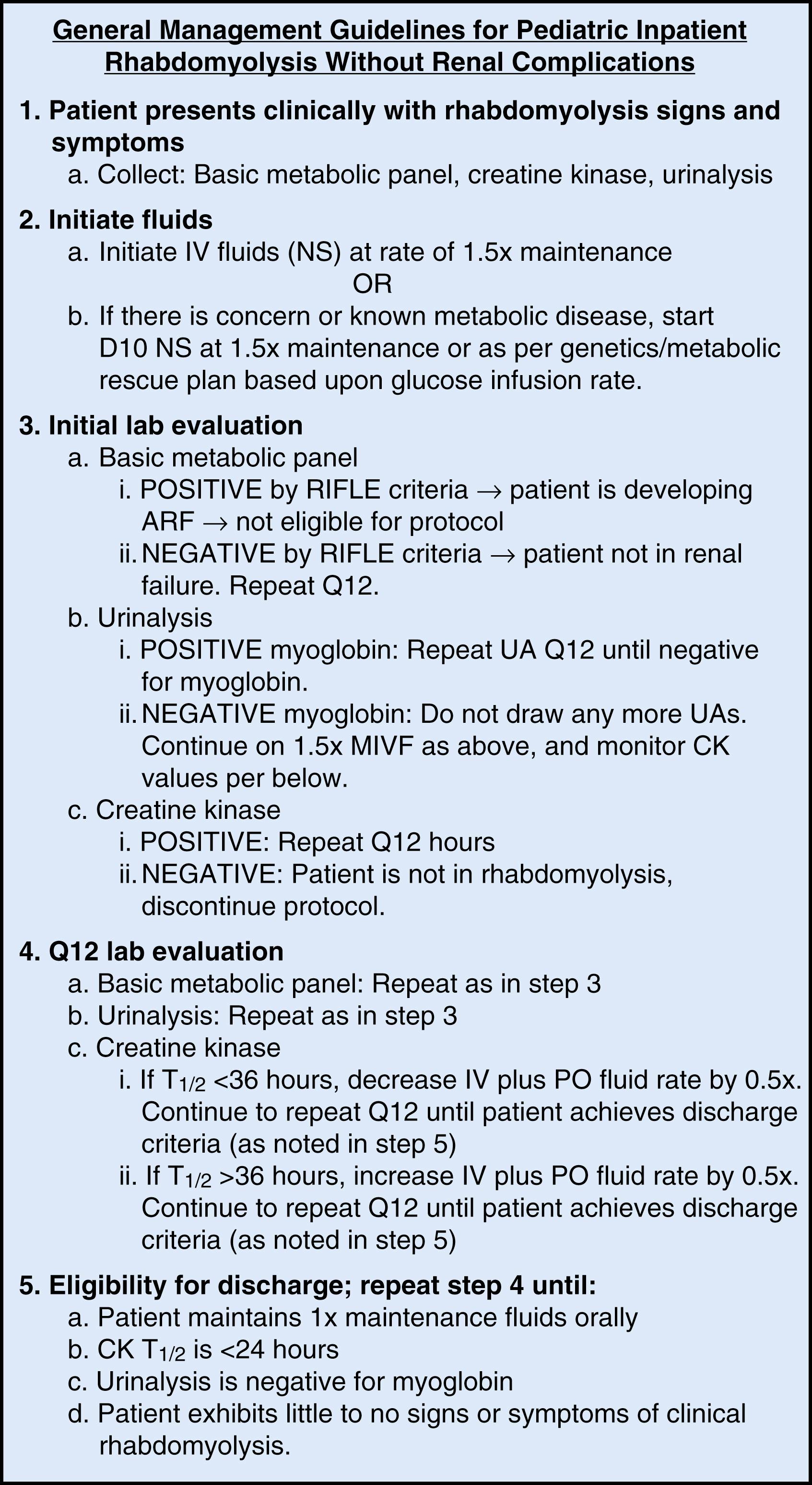 Fig. 36.4, Treatment algorithm for patients with rhabdomyolysis. ARF, acute renal failure; CK, creatine kinase; IV, intravenous; MIVF, maintenance intravenous fluids; NS, normal saline; PO, by mouth; RIFLE, risk, injury, failure, loss of kidney function, and end-stage kidney disease; T 1/2 , half-life.