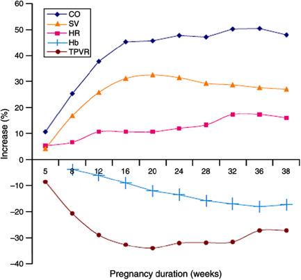 Fig. 9.1, Changes in cardiac output (CO), stroke volume (SV), heart rate (HR), hemoglobin (Hb), and total peripheral vascular resistance (TPVR) during pregnancy.