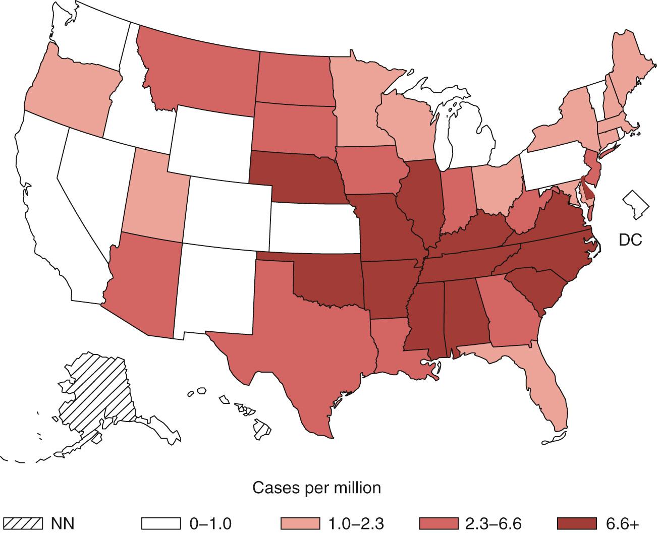 FIG. 186.1, US incidence of Rocky Mountain spotted fever, 2014.