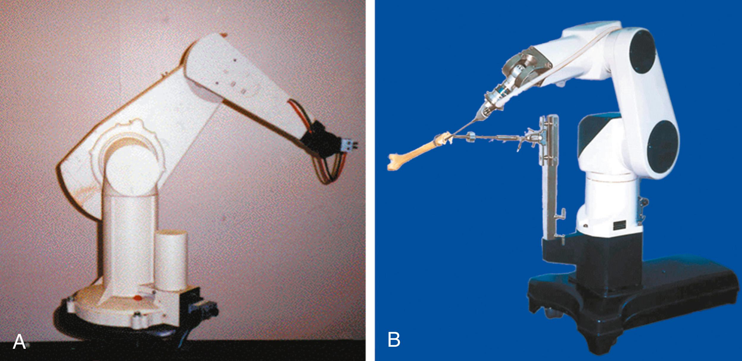 Figure 27-1, A, The Puma 560 was one of the first robotic systems designed. B, The ROBODOC was used to mill out precise fittings in the femur for hip replacements.