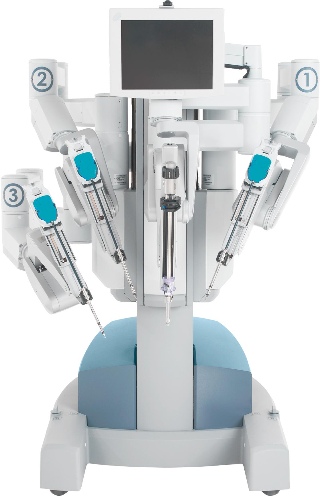 Figure 27-3, Da Vinci S (2005): The second-generation robot and first all-digital system. Notice the monitor placed on the robot chassis. This feature was less helpful than anticipated and eventually was dropped.