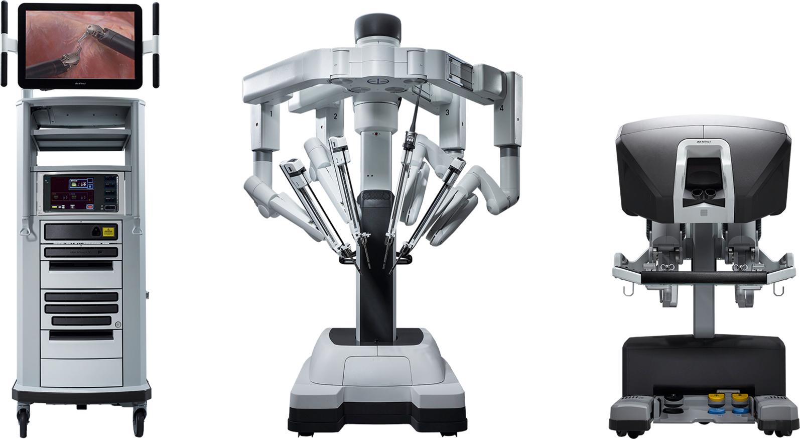 Figure 27-4, Da Vinci Xi (2014): The current and most popular robot to date. The vision and equipment cart with monitor is seen on the left. The surgical cart (the robot) is seen in the center, and the surgeon’s console is on the right. On this version, the telescope can be moved between all ports and the overhead boom can swivel to assist in instrument positioning.