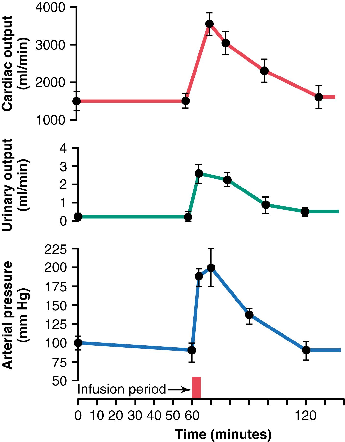 Figure 19-2., Increases in cardiac output, urinary output, and arterial pressure caused by increased blood volume in dogs whose nervous pressure control mechanisms had been blocked. This figure shows return of arterial pressure to normal after about 1 hour of fluid loss into the urine.