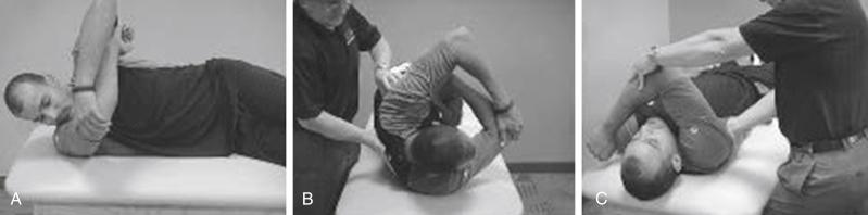 Fig. 6A.2, (A) Front view of a modified sleeper stretch with a lift to improve posterior soft tissue mobility. (B) Caudal view of the modified sleeper stretch. (C) Supine horizontal adduction with the scapula stabilized by the rehabilitation specialist.