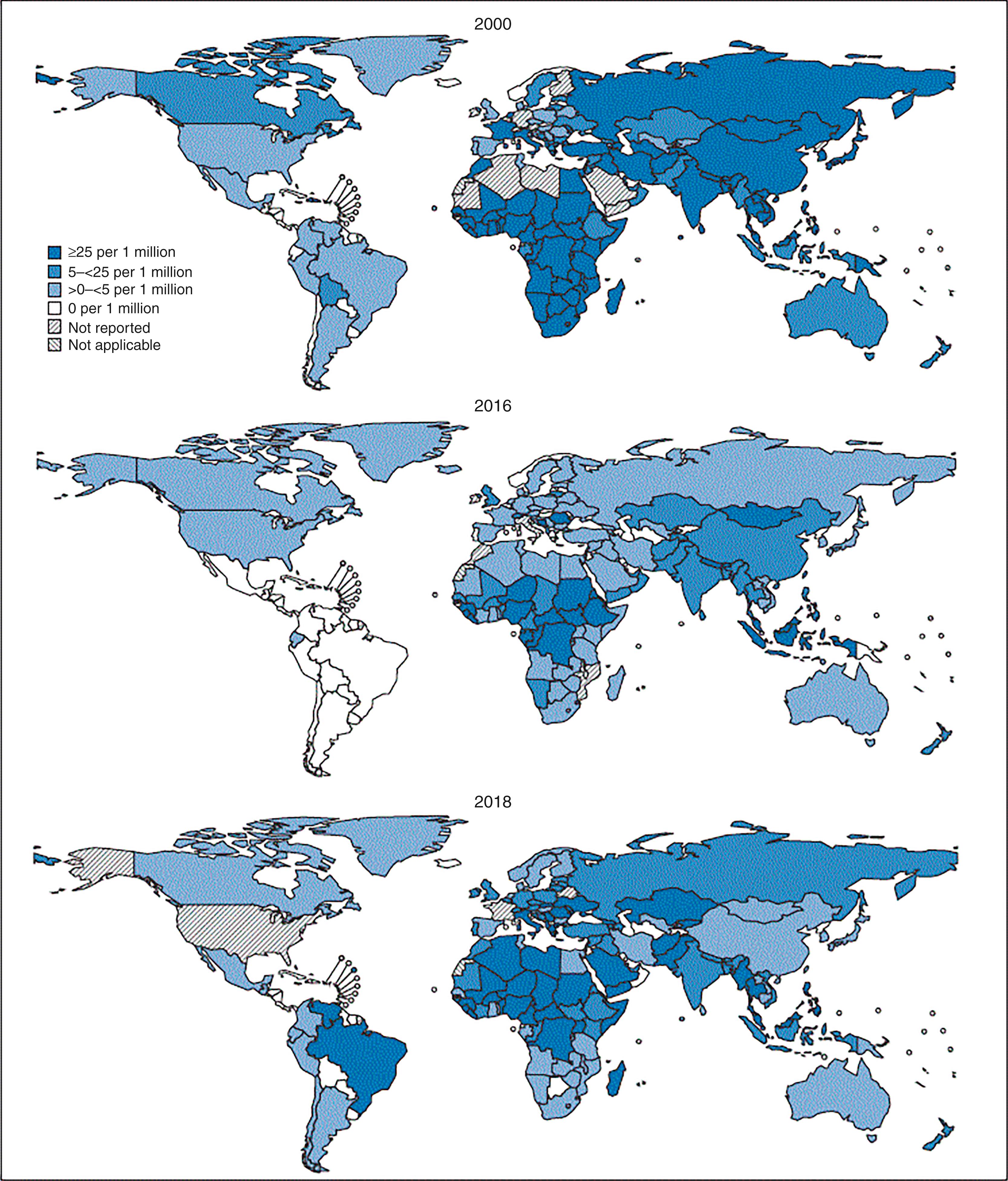 FIGURE 227.3, Measles incidence per 1 million people—Global, 2000, 2016, and 2018.