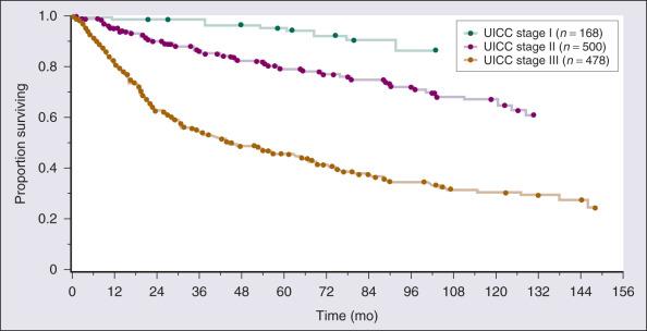 Figure 90.7, Overall survival by American Joint Committee on Cancer stage in a population of 1146 patients with primary extremity sarcoma. UICC, Union for International Cancer Control.