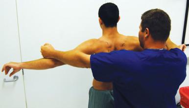 Fig. 53.7, The empty can test is performed by having the patient abduct the shoulder in the scapular plane to 90 degrees, internally rotate both arms until the thumbs point at the floor, and resist downward pressure. A positive test indicates an inflamed subacromial space.