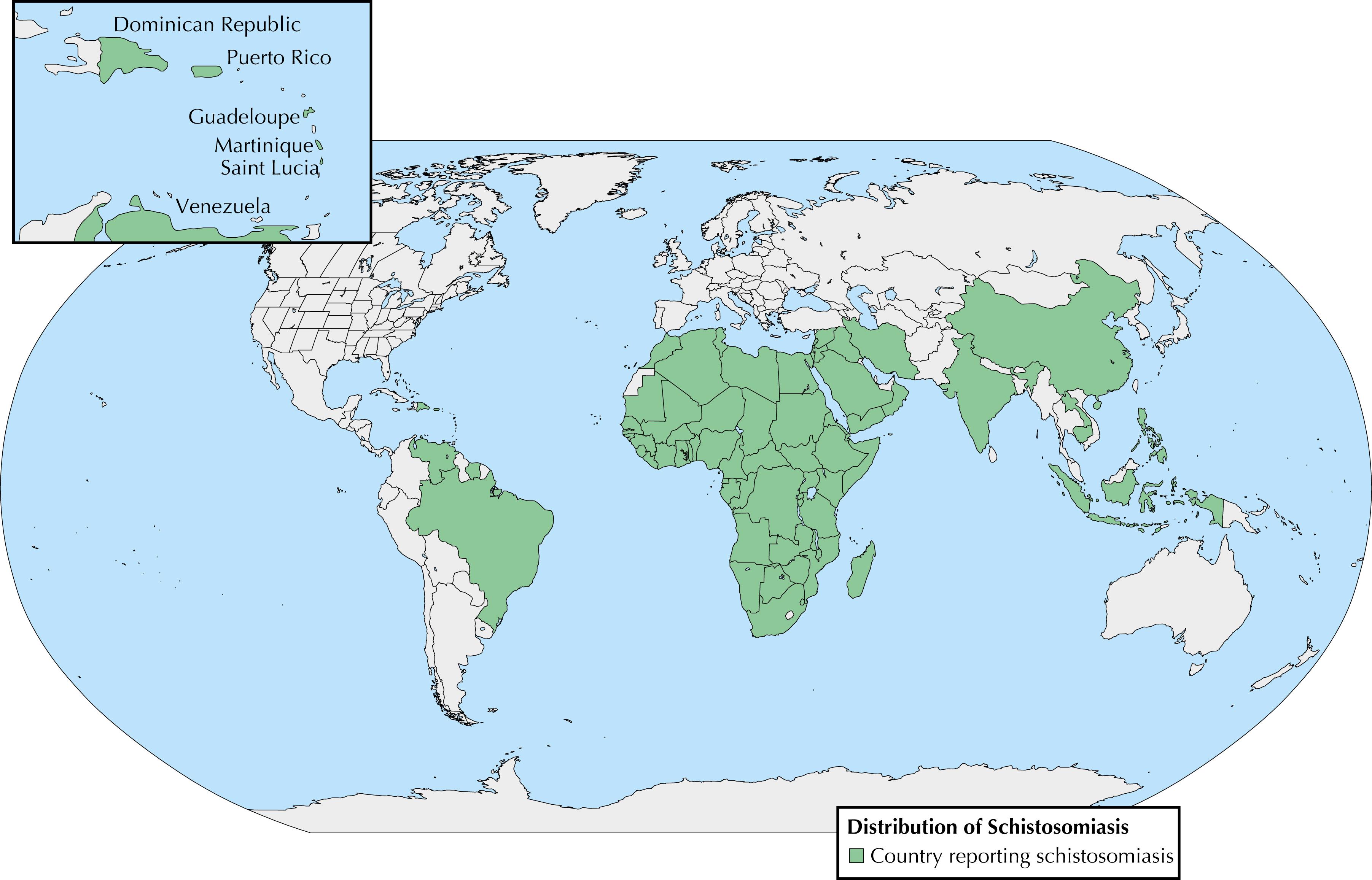 Fig. 83.1, Map showing the global distribution of schistosomiasis.