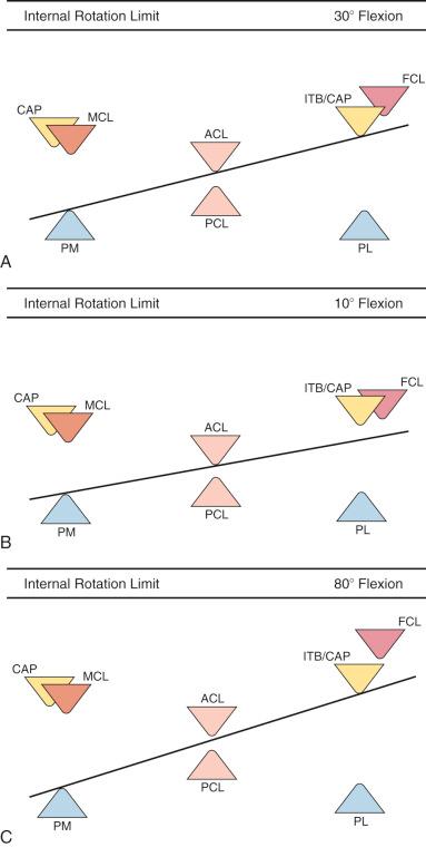 FIG 3-7, Limits to internal rotation. A, At 30 degrees of flexion, internal rotation is limited by the anterior cruciate ligament (ACL) centrally and the lateral restraints. These structures limit anterior translation. In addition, the posterior translation of the medial plateau is limited by the posteromedial (PM) restraints. B, At 10 degrees of flexion, the posterior bumpers move in closer toward the posterior cruciate ligament (PCL) owing to a reduction in the slackness present in the posterior capsule. In addition, the ACL bumper moves posteriorly as a result of tightening the ACL/PCL complex. Because of this, internal rotation of the tibia is now limited by the ACL centrally and the PM restraints alone. The tibia can no longer rotate far enough to engage the lateral restraints. C, At 80 degrees of flexion, the posterior bumpers move further posterior, reflecting the increased slackness in the posterior capsule. In addition, the distance between the ACL and PCL bumpers has increased slightly to reflect the increased laxity of these structures. The medial and lateral structures are now moved posteriorly as a result of tightening of the extraarticular restraints with knee flexion. Internal rotation is now limited by the lateral and PM restraints without direct involvement with the ACL. CAP, Capsule; FCL, fibular collateral ligament; ITB, iliotibial band; MCL, medial collateral ligament; PL, posterolateral structures.