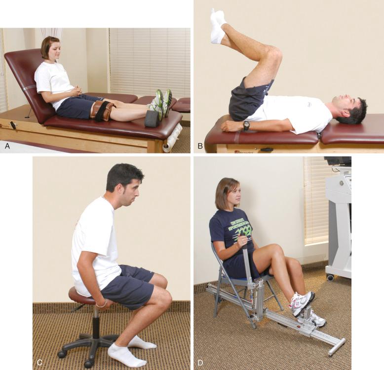 FIG 10-1, Knee overpressure exercises for limitation of extension (A) and flexion ( B to D ).