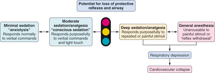 FIGURE 48.1, The sedation continuum. A patient may readily pass from a light level of sedation to deep sedation or general anesthesia. Health care providers must be prepared to increase vigilance and intensity of monitoring consistent with the depth of sedation.