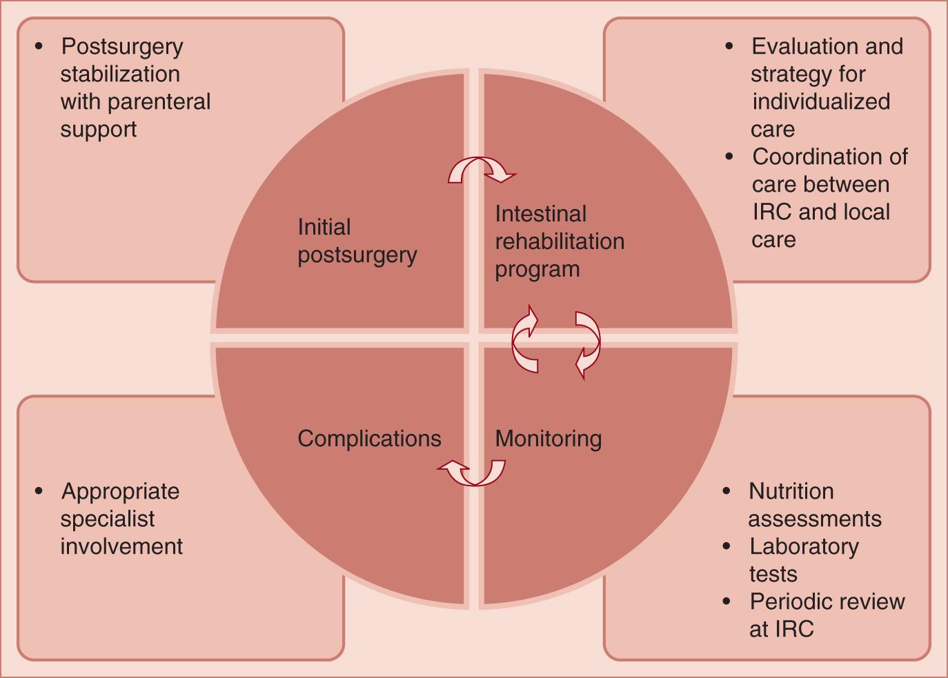 FIGURE 79.2, Clinical pathways of short bowel syndrome patients at intestinal rehabilitation center (IRC).