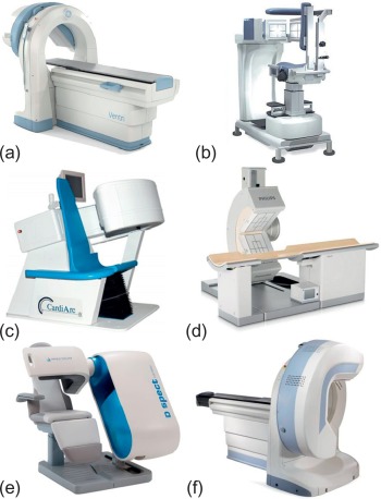 Figure 3.4, Selection of dedicated cardiac SPECT cameras: (a) Ventri, GE Healthcare. (b) Digirad Cardius 3 XPO. (c) CardiArc. (d) CardioMD, Philipps Healthcare. (e) D-SPECT, Spectrum Dynamics. (f) Discovery NM 530c, GE Healthcare.