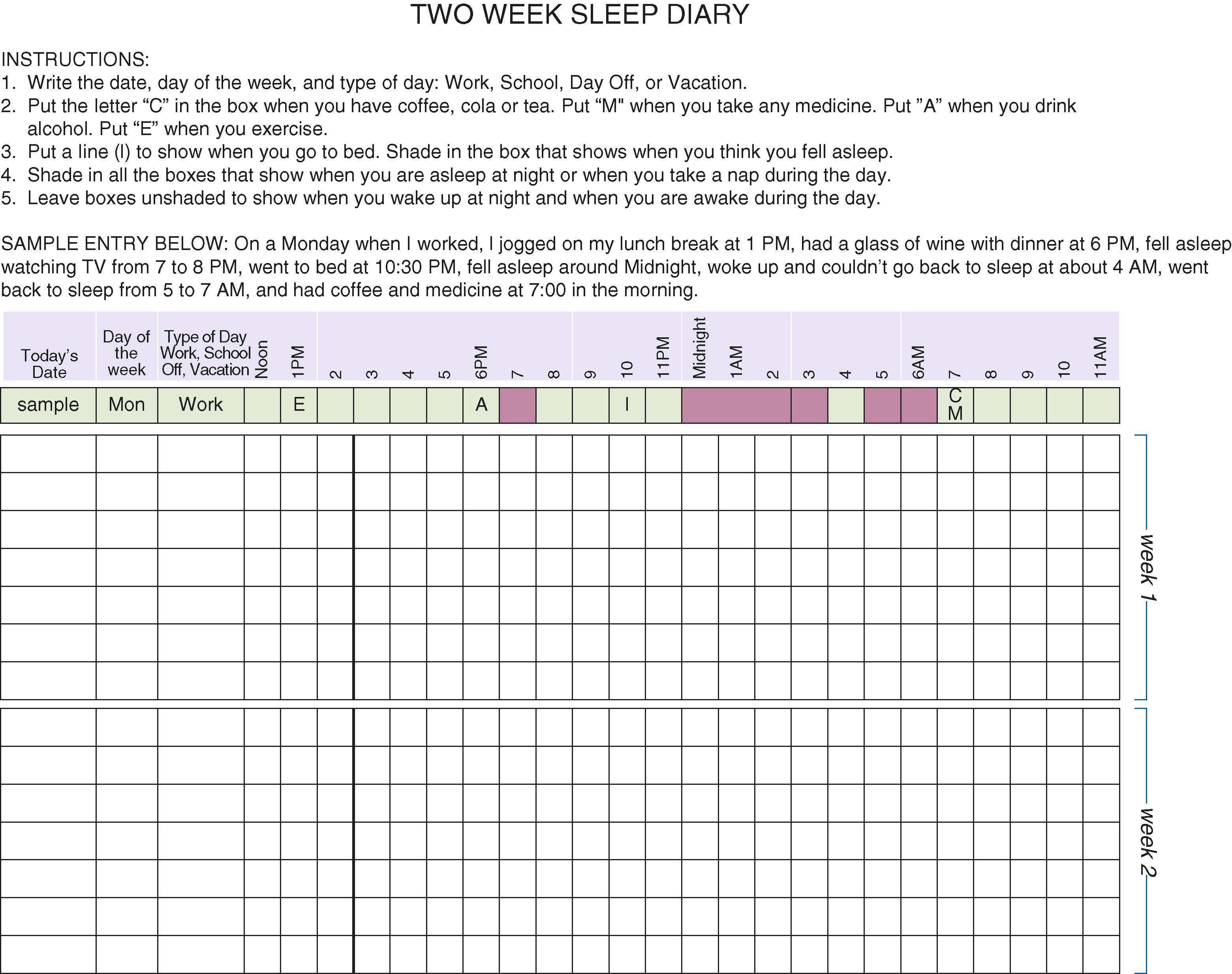 FIGURE 374-2, Example of a sleep diary.