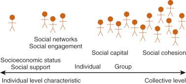 Figure 30-1, Continuum of social factors that influence health, acting from individual to group levels.