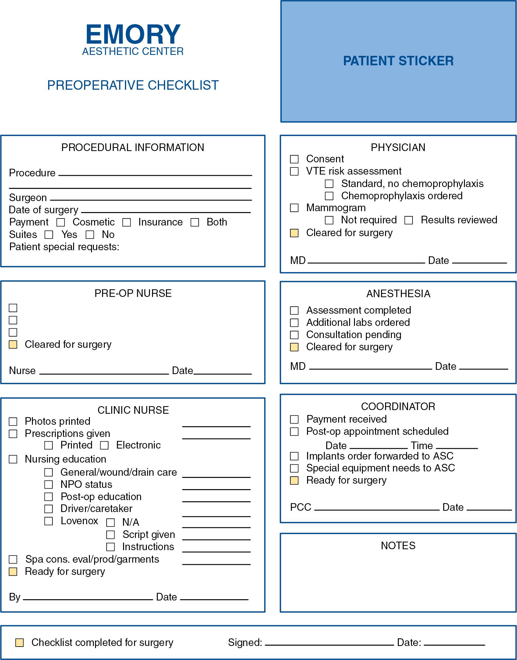Fig. 34.4, The Emory Aesthetic Center preoperative checklist. This checklist is applied to all patients in a formal preoperative consultation 1 to 2 weeks before surgery, and it is a great example of integrating systems and processes for patient safety and practice management. 6