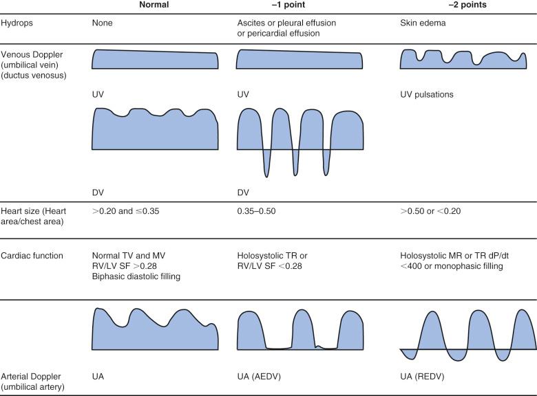 FIG 13-33, Components of the Cardiovascular Profile Score. The score is 10 if there are no abnormal signs and reflects 2 points for each of 5 categories: hydrops, venous Doppler, heart size, cardiac function, and arterial Doppler. AEDV, absent end-diastolic velocity; dP/dt, change in pressure over time of TR jet; DV, ductus venosus; LV, left ventricle; MR, mitral valve regurgitation; MV, mitral valve; REDV, reversed end-diastolic velocity; RV, right ventricle; SF, ventricular shortening fraction; TR, tricuspid valve regurgitation; TV, tricuspid valve; UA, umbilical artery; UV, umbilical vein.