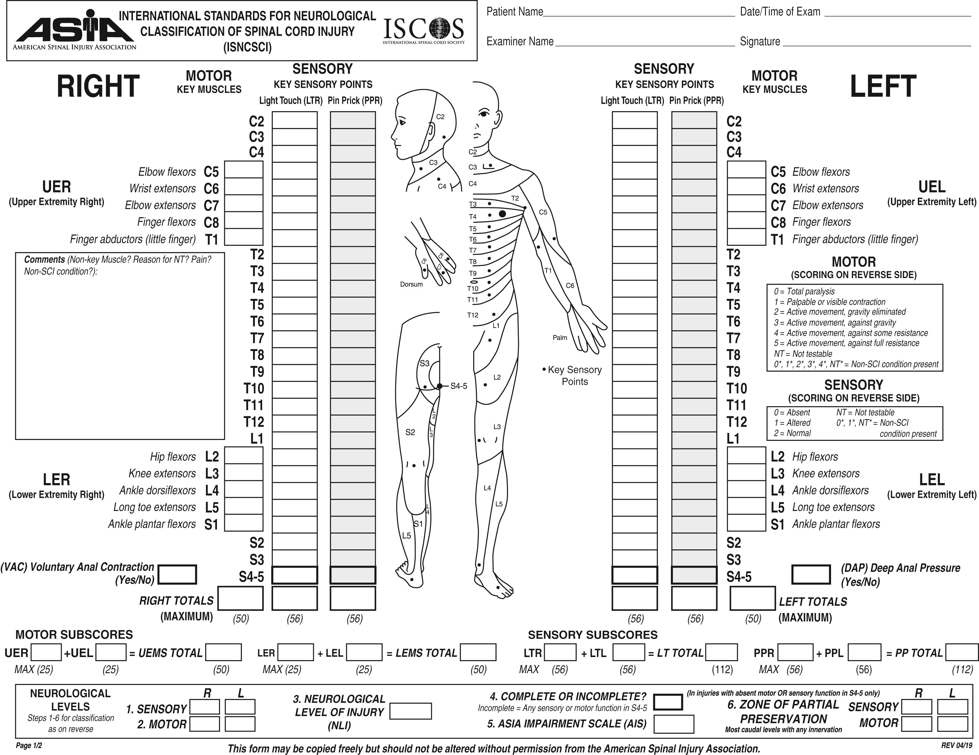 Fig. 36.1, The first page of the American Spinal Injury Association neurological classification form used to document the physical examination of a patient after cervical trauma.