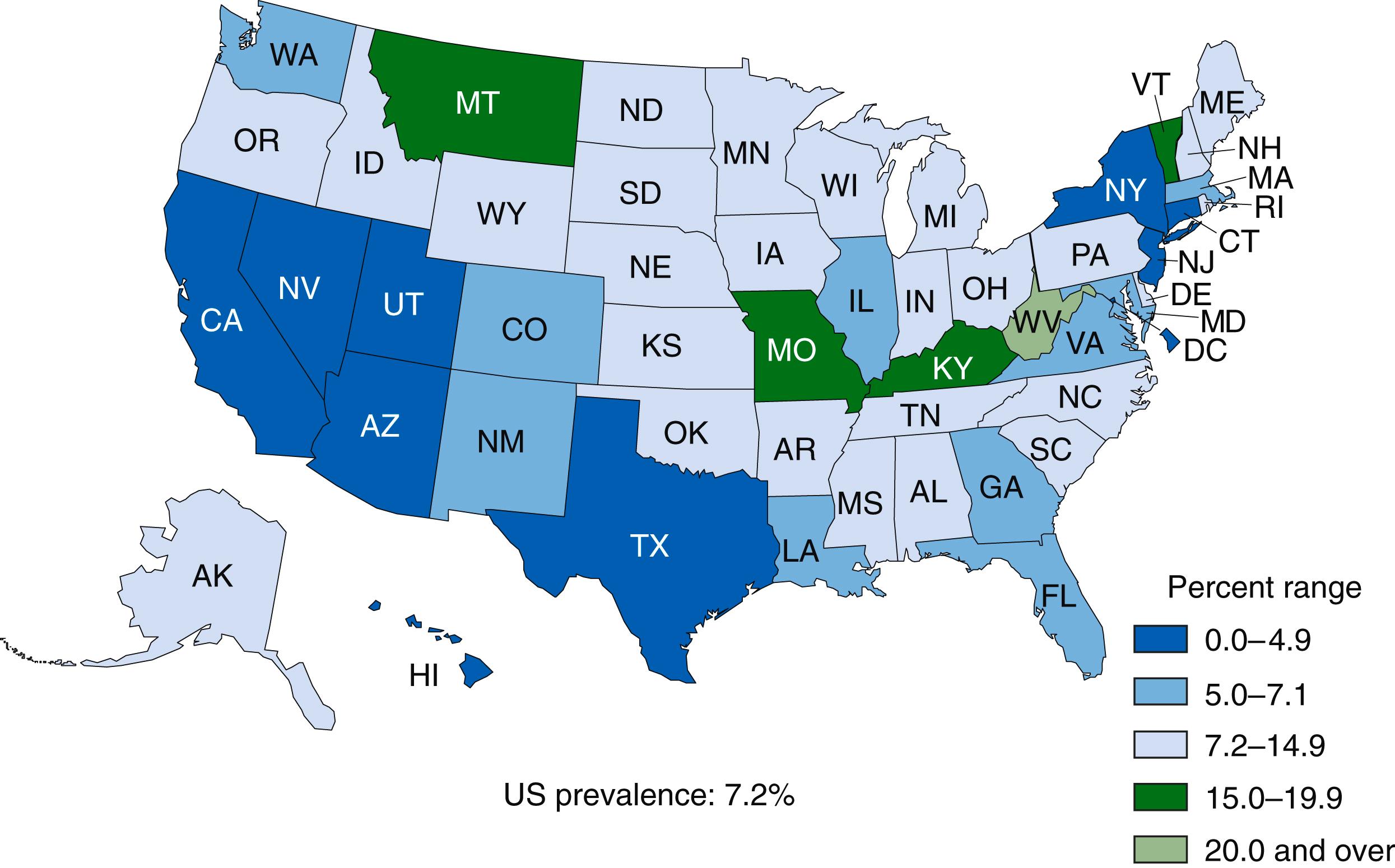 Figure 68.1, Prevalence of maternal smoking at any time during pregnancy, by state: United States, 2016.