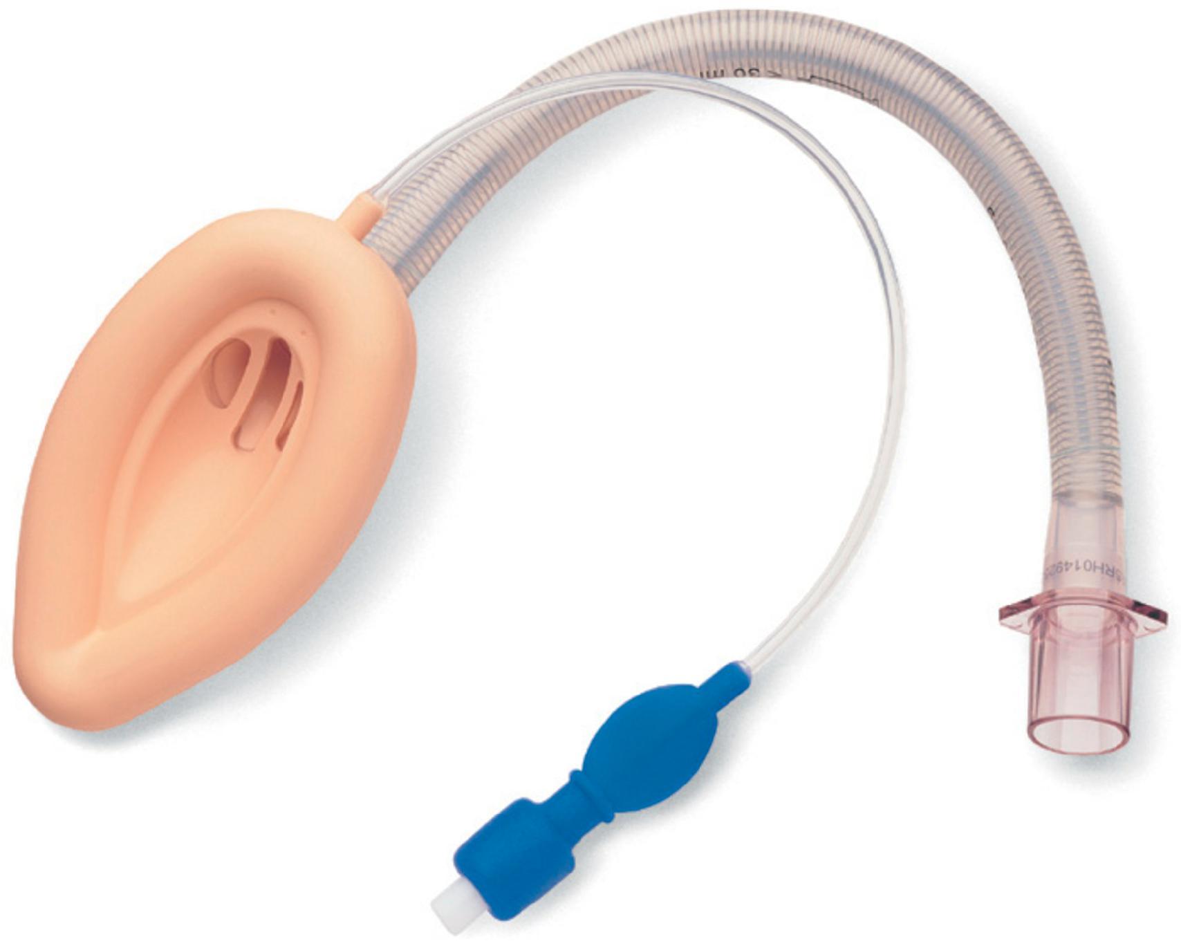 Fig. 19.2, The flexible laryngeal mask airway (FLMA), which was introduced into clinical practice in 1994, has a spiral coil built into the shaft to increase the flexibility of the tube and to prevent kinking. This enables the surgeon to manipulate the shaft of the FLMA during surgery and to have good access to the operating field. The FLMA has been used successfully in patients undergoing a variety of head, neck, eye, and oral operations. (Teleflex Medical Europe Ltd., Athlone, Ireland.)