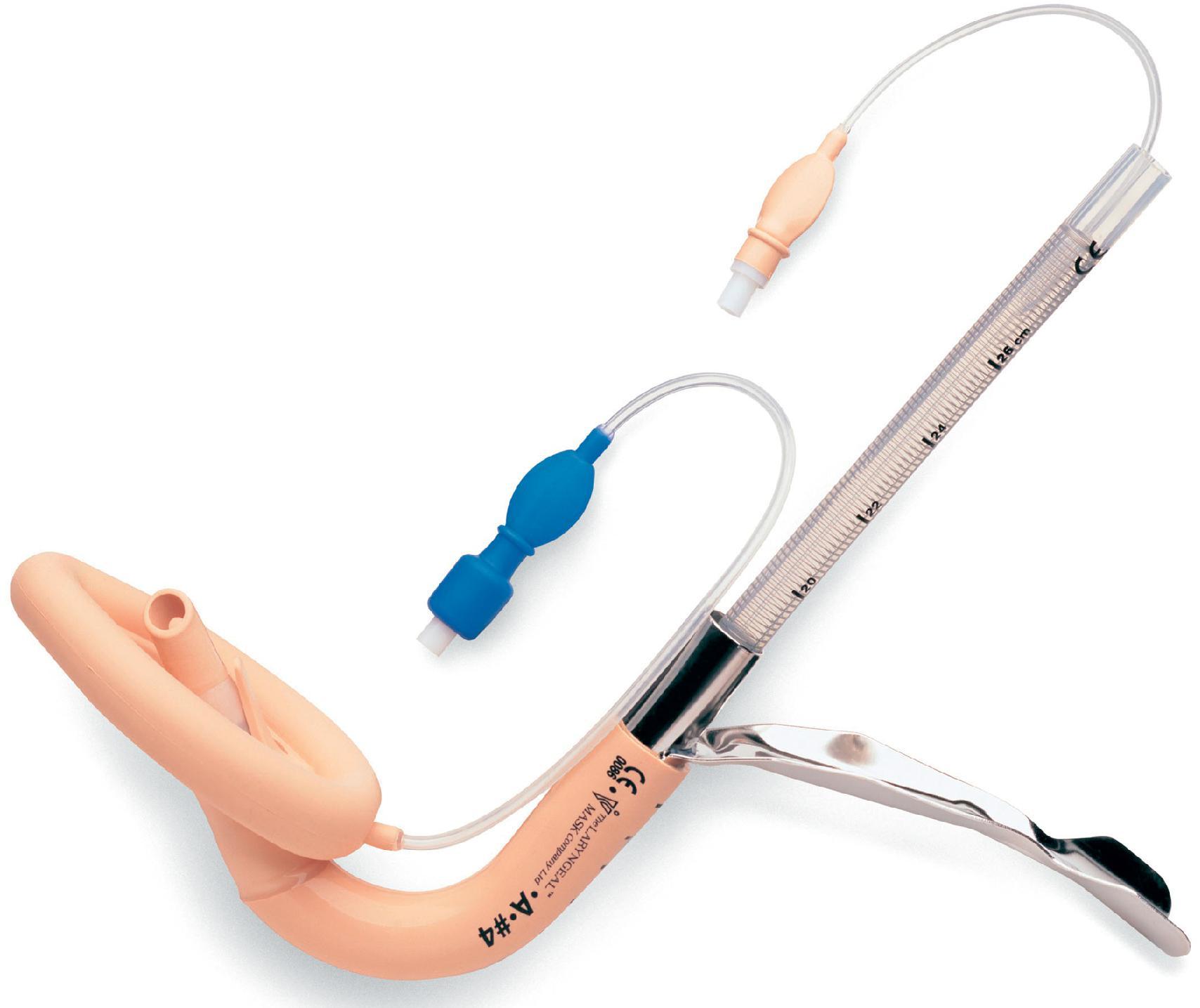 Fig. 19.3, The intubating laryngeal mask airway (ILMA) was introduced in 1997. It consists of the mask, which has the same shape as the LMA Classic, and the 13-mm internal diameter stainless steel shaft, which can accommodate an endotracheal tube with an internal diameter up to 8.5 mm. There are three sizes: 3 to 5. A single-use device is available. (Teleflex Medical Europe Ltd., Athlone, Ireland.)