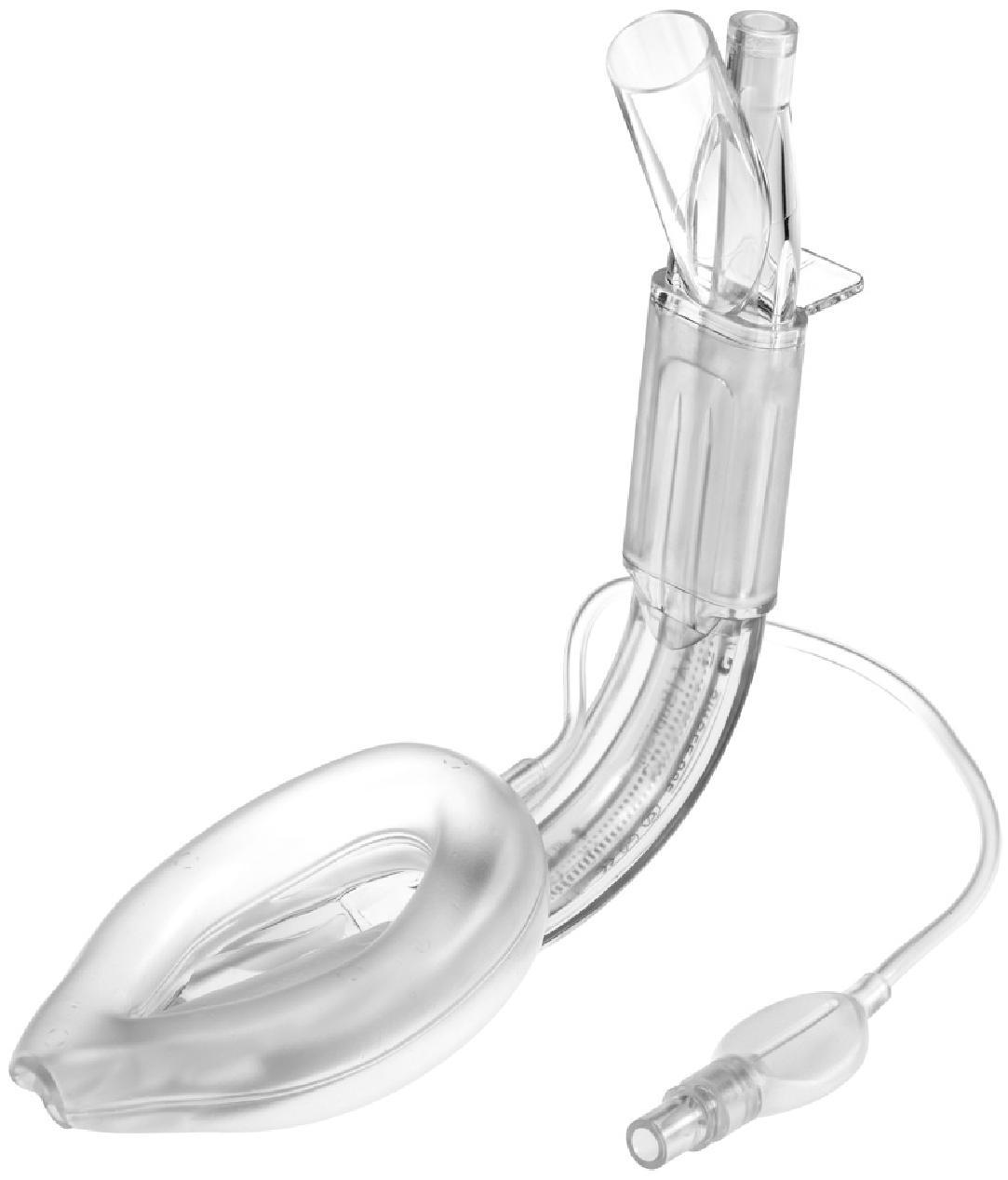 Fig. 19.5, The LMA Supreme is made of PVC. It has an integral bite block and fixation tab at the proximal end of the device. Two tubes project from the manifold. The 15-mm-diameter airway tube is designed to connect to the airway circuit. The narrower tube is the proximal end of the drain tube. Two narrow airway tubes run on either side of the drain tube, which passes through the modified cuff. The cuff has no posterior component in contrast to the ProSeal LMA. A pilot balloon is attached to the cuff inflation line. (Teleflex Medical Europe Ltd., Athlone, Ireland.)