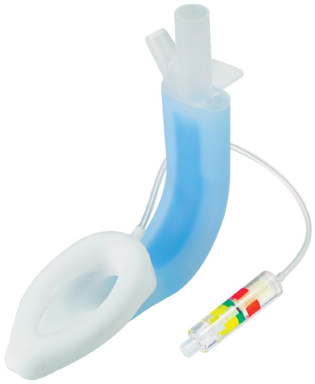 Fig. 19.6, The LMA Protector, a silicone, single-use device incorporating features of many earlier LMAs. It has a relatively large central airway tube and two lateral drain tubes. The cuff incorporates a “traffic light” system that enables continuous monitoring of cuff pressure during use. (Teleflex Medical Europe Ltd., Athlone, Ireland.)