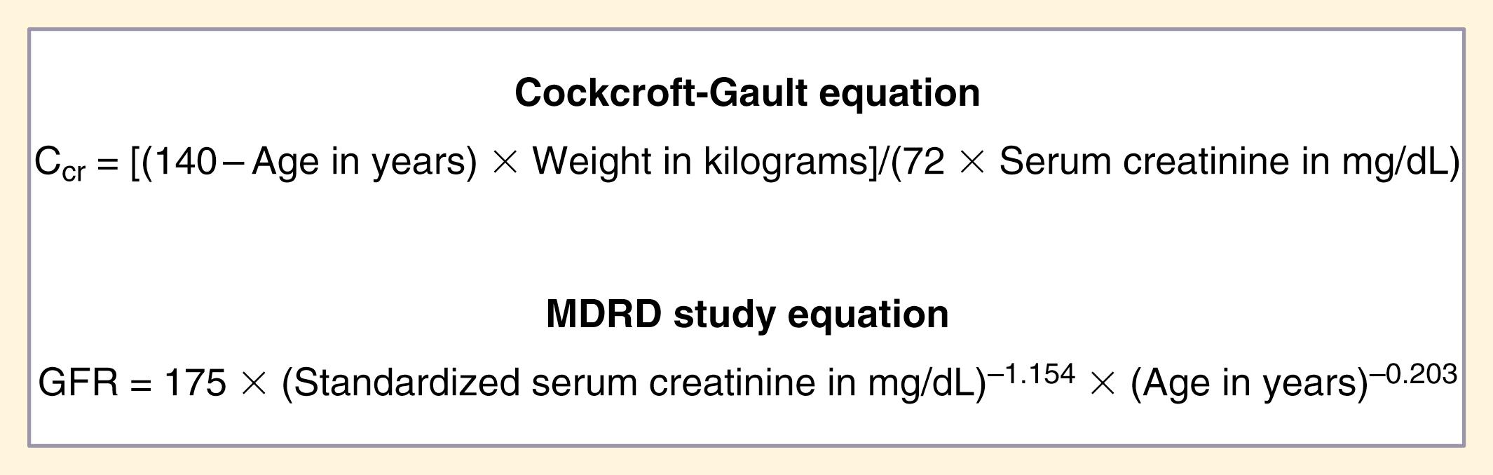 Fig. 13.5, Equations for calculating creatinine clearance. MDRD , Modification of Diet in Renal Disease.