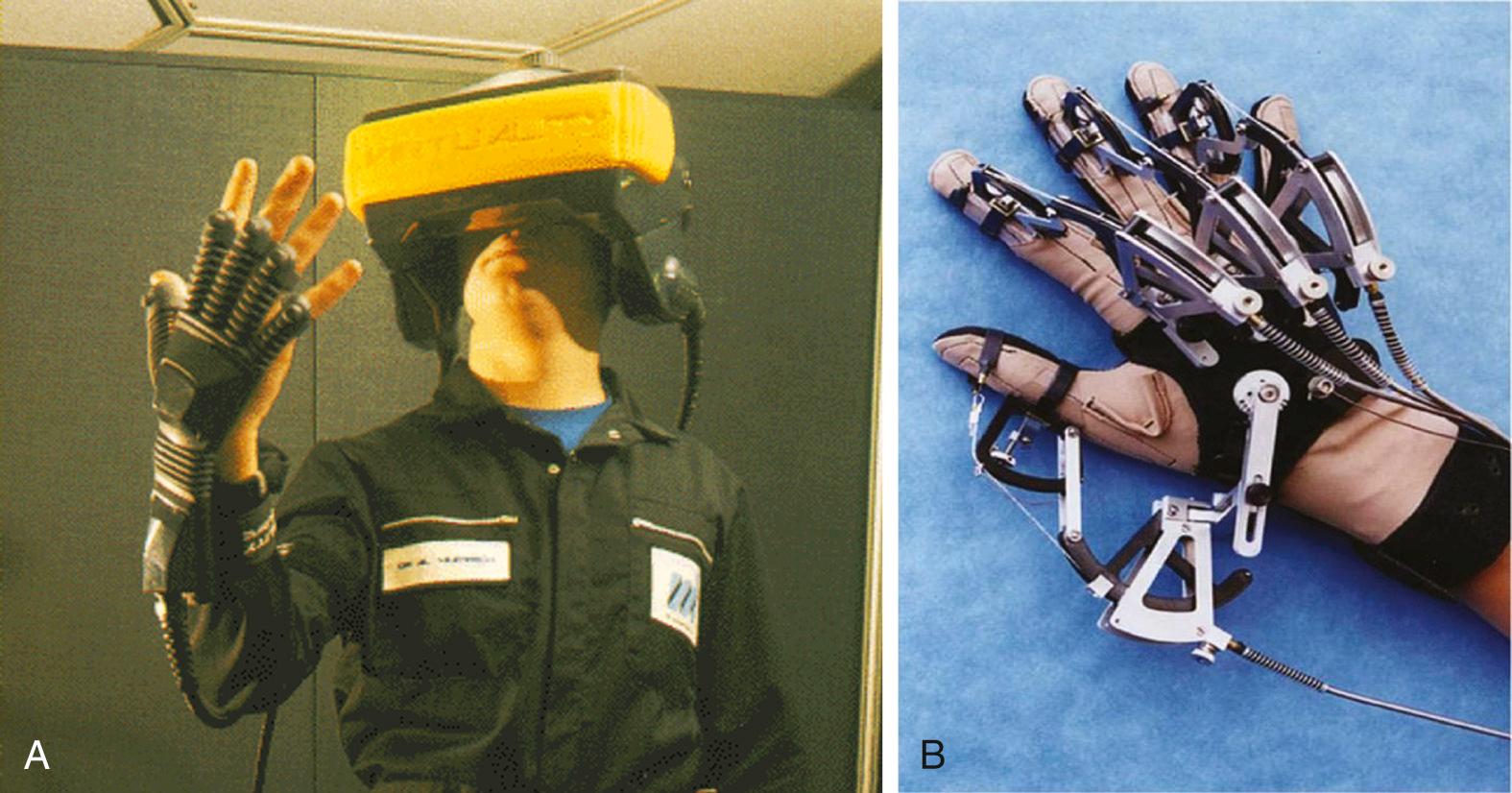 Fig. 124.2, The combination of a virtual reality headset (A) and a dataglove (B) allows the user to interact with a virtual environment while witnessing the activity.