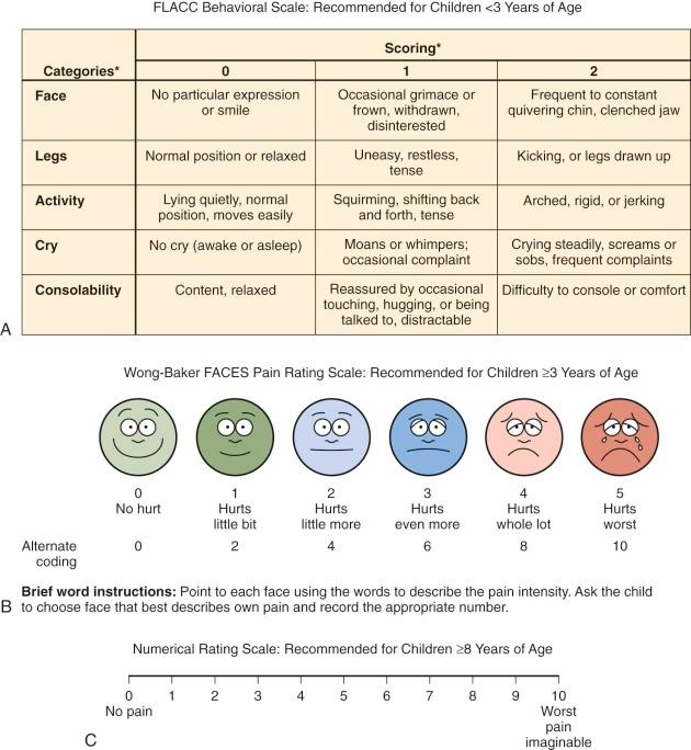 Figure 71-2, Pain assessment instruments. A, The Face, Legs, Activity, Cry, Consolability (FLACC) Scale, recommended for use in children younger than 3 years. Each of the five categories is scored from 0 to 2, which results in a total score between 0 and 10. B, The Wong-Baker FACES Pain Rating Scale, recommended for children 3 years of age and older. Brief word instructions: Point to each face, using the words to describe the pain intensity. Ask the child to choose the face that best describes his or her own pain and record the appropriate number. C, The Numerical Pain Rating Scale, recommended for children 8 years and older.