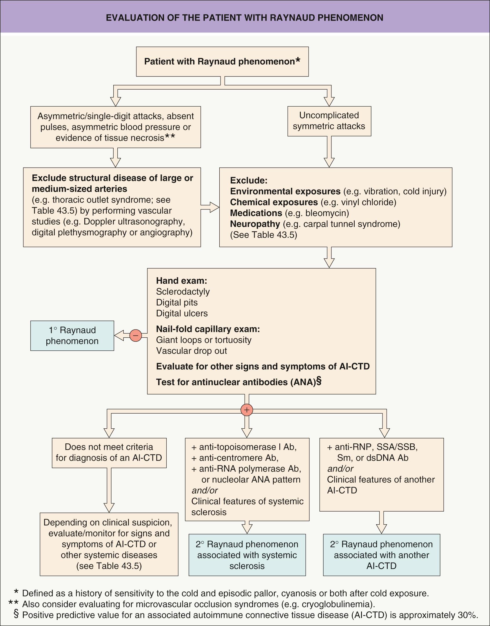 Fig. 43.10, Evaluation of the patient with Raynaud phenomenon.