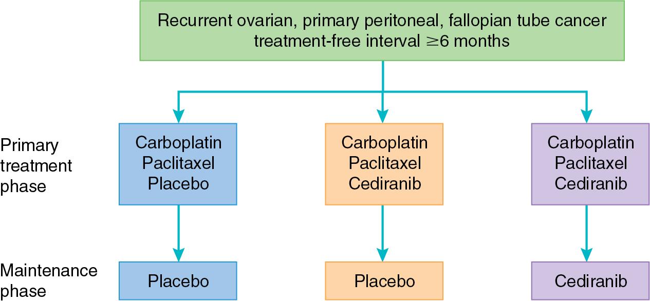 Figure 15.6, International Collaborative Ovarian Neoplasm 6 schema. Randomization is 2:3:3 in this trial.