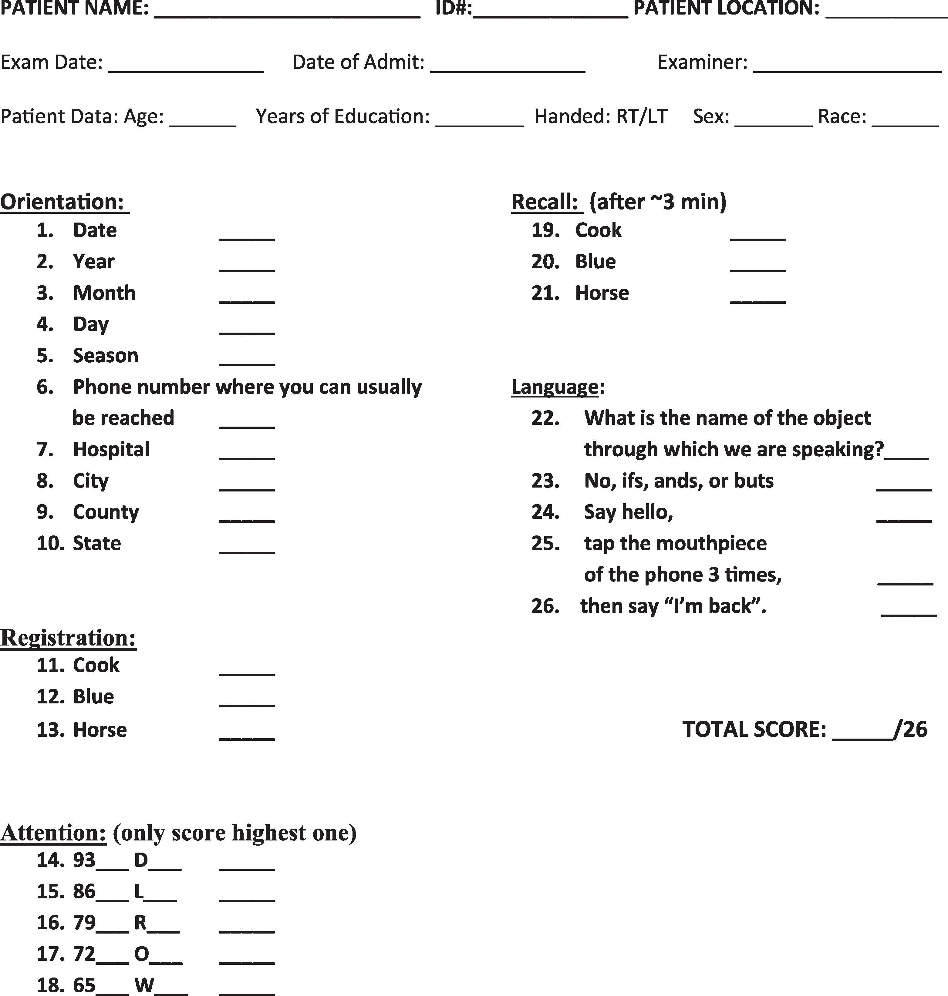 Fig. 18.1, 26-Item Telephone Mini-Mental State Examination. (Modified from: Newkirk LA, Kim JM, Thompson JM, Tinklenberg JR, Yesavage JA, Taylor JL. Validation of a 26-point telephone version of the Mini-Mental State Examination. J Geriatr Psychiatry Neurol . 2004;17(2):81–87.)