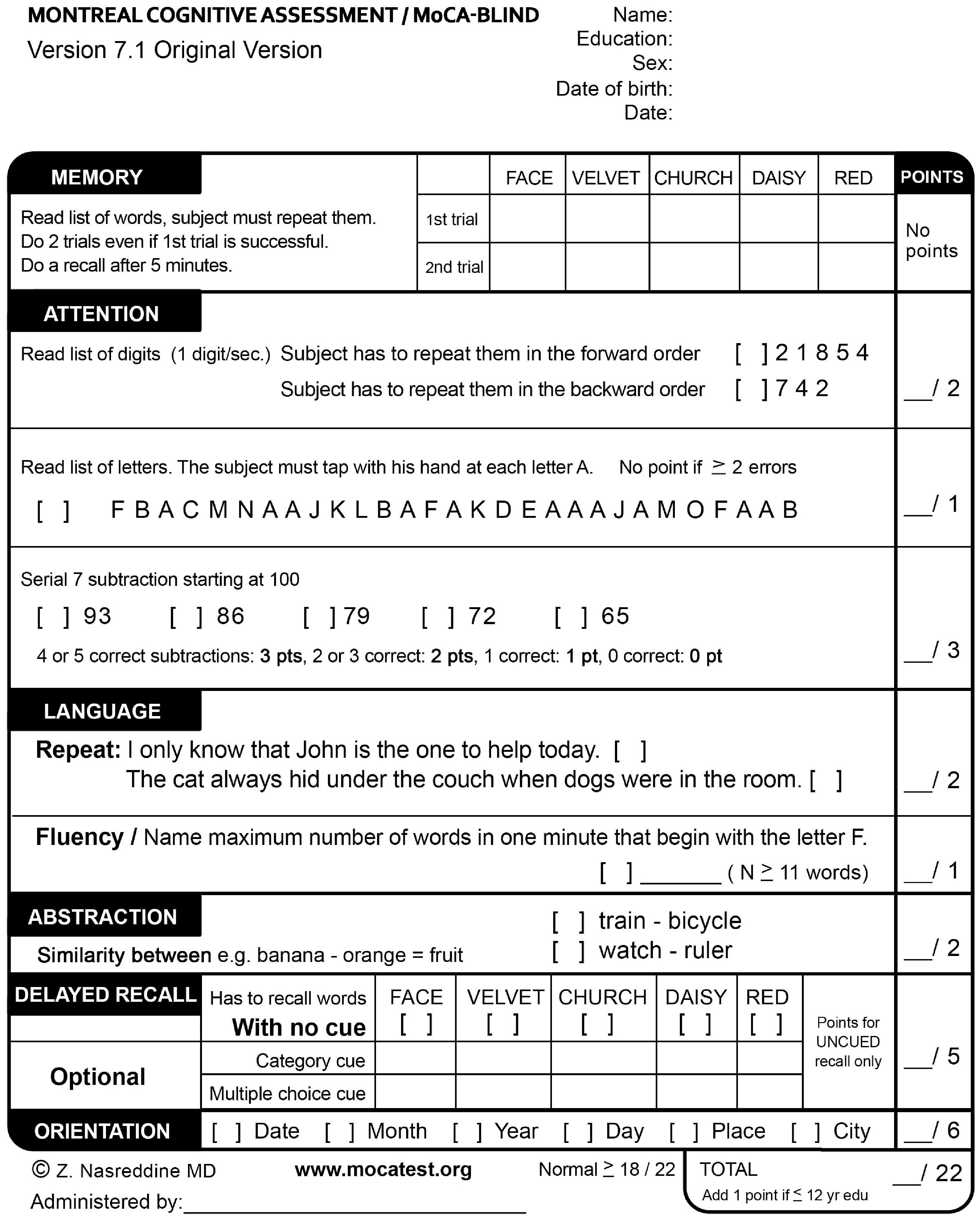 Fig. 18.2, Montreal Cognitive Assessment/MoCA-BLIND. (© Z. Nasreddine MD, Reprinted from www.mocatest.org .)