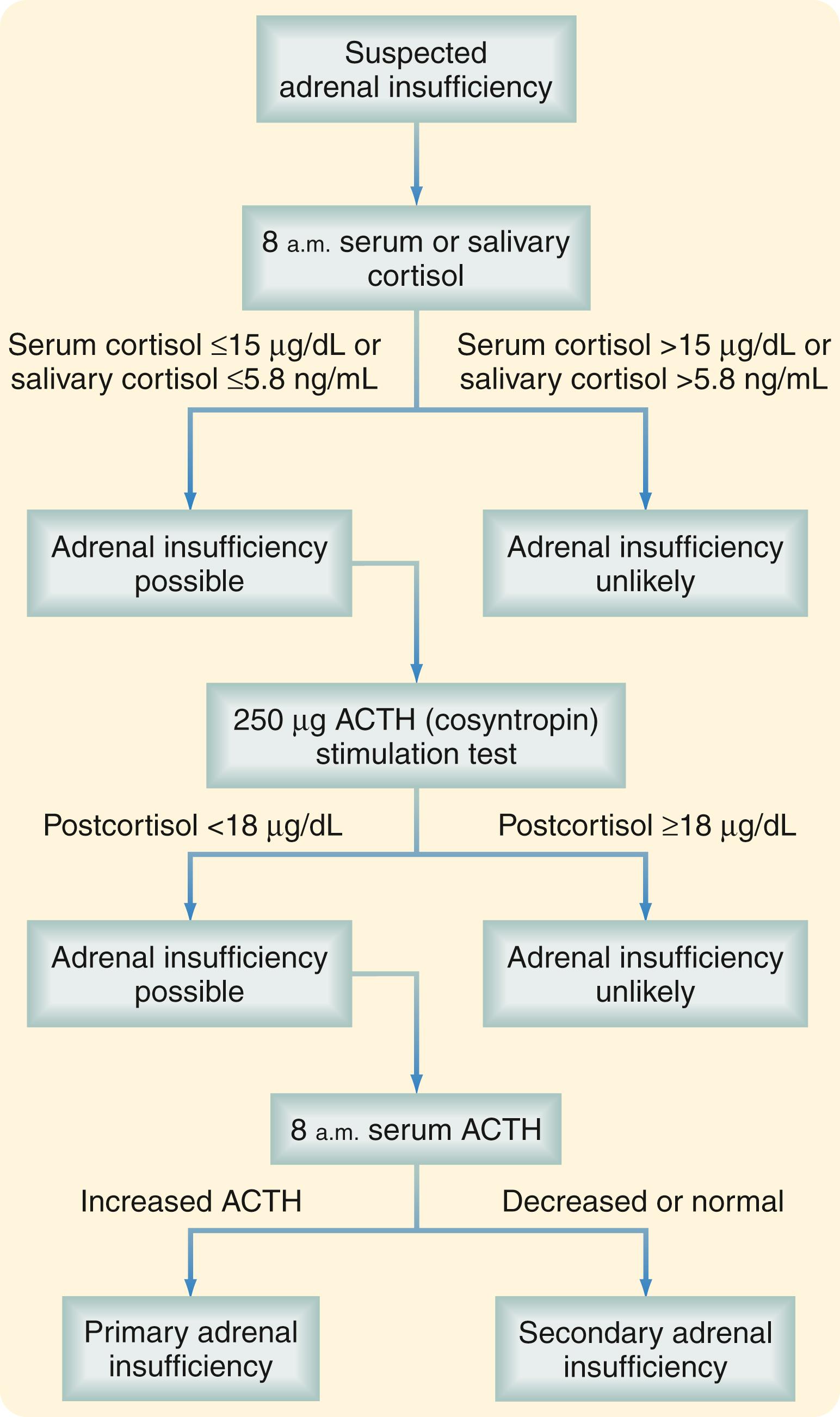 Fig. 40.7, Algorithm for the diagnosis of adrenal insufficiency. The adequacy of cortisol production is initially assessed with morning cortisol level measurement. Patients with low or borderline values undergo provocative adrenocorticotropic hormone (ACTH) stimulation testing, with serum cortisol levels measured before and 30 to 60 minutes after the administration of ACTH. Failure to mount an adequate response to ACTH usually establishes the diagnosis of adrenal insufficiency. The cause of adrenal insufficiency is then investigated with a morning ACTH level measurement.